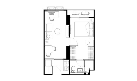 Apartment floor plan, 1 bedroom in building Tower B Supalai Parc Ekkamai-Pattanakarn in Suan Luang, Bangkok, Thailand, Supalai Parc Ekkamai-Pattanakarn No. 11010 (2D)